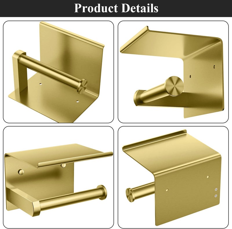 Tindbea Toilet Paper Holder with Phone Shelf, Adhesive or Screw Wall Mount Toilet Tissue Roll Holder, Rustproof & Multifunctional Stainless Steel Bathroom Storage Dispenser (Brushed Gold) - Image 5